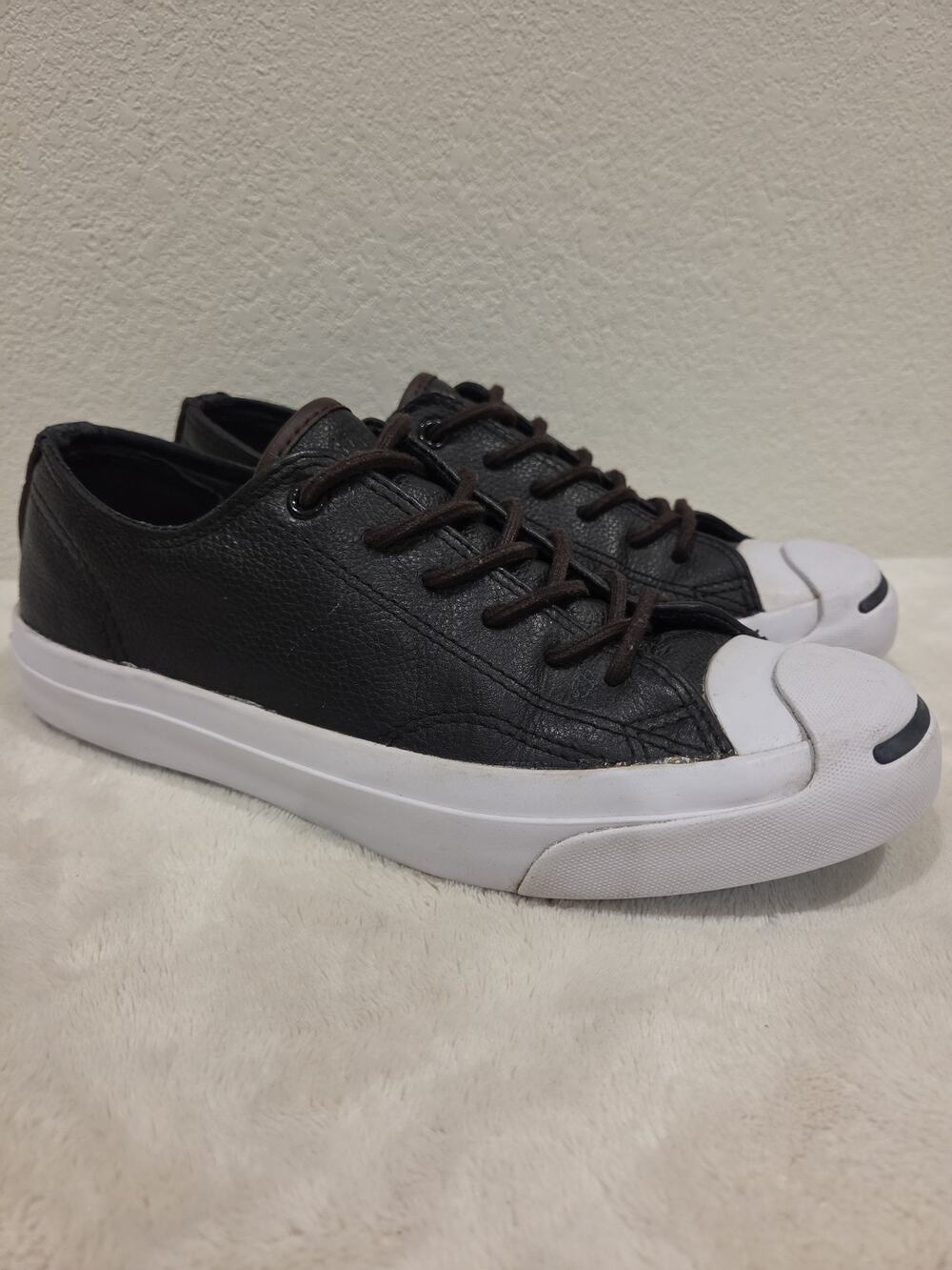 Converse Jack Purcell Ox Womens 7.5 Sneakers Black Pebbled Leather Low Top Shoes